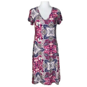 New Directions Pink & Black Dress Floral Short Sleeve Round Neck Sz PXL